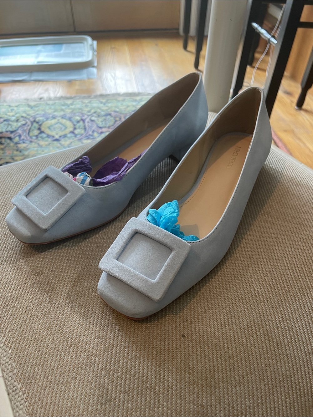 J McLaughlin Light Blue Suede Square-Buckle Flats